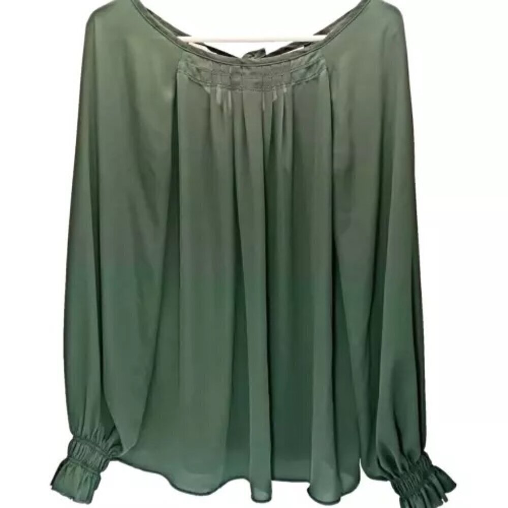Banana Republic Ladies Olive Green Pleated Semi Sheer‎ Tie Back Blouse Sz Medium